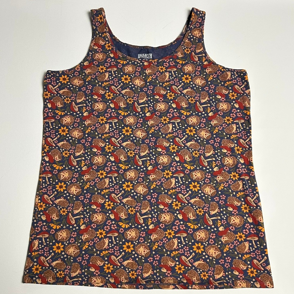 Duluth Trading Co Women Tank Top XL Hedgehog Mushroom Floral Woodland Cottage